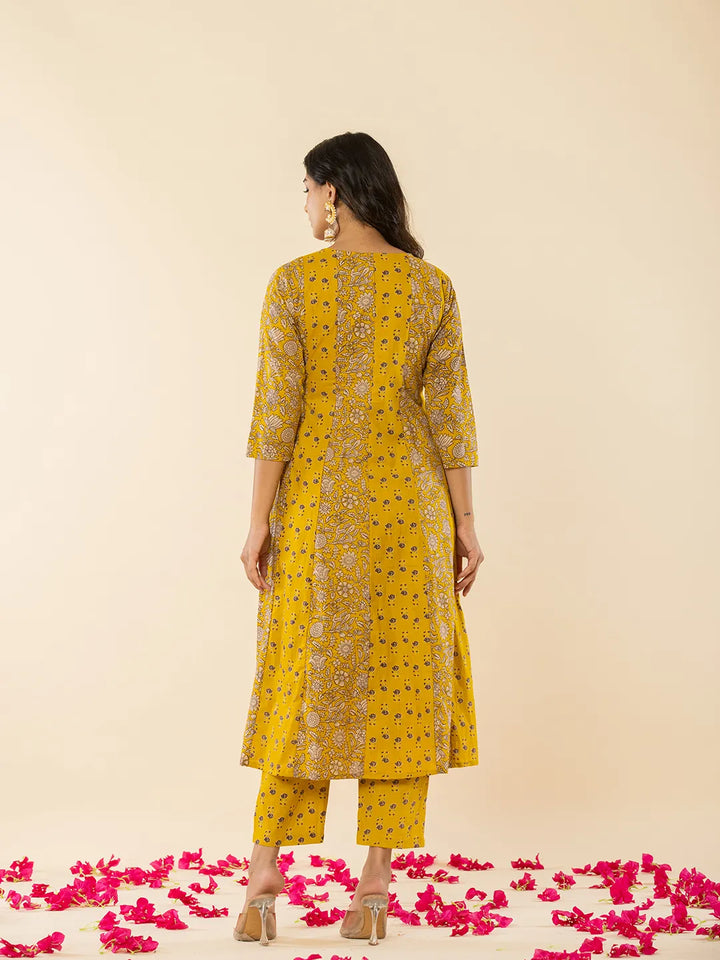 Mustard Cotton Embroidered Anarkali Kurta Dupatta Set-Yufta Store-7209SKDMSS