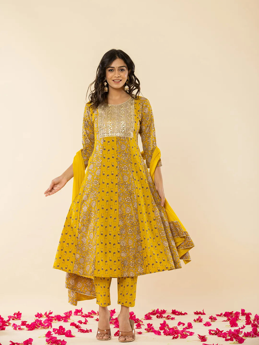 Mustard Cotton Embroidered Anarkali Kurta Dupatta Set-Yufta Store-7209SKDMSS