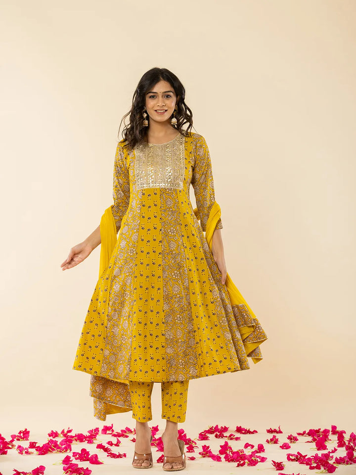 Mustard Cotton Embroidered Anarkali Kurta Dupatta Set-Yufta Store-7209SKDMSS