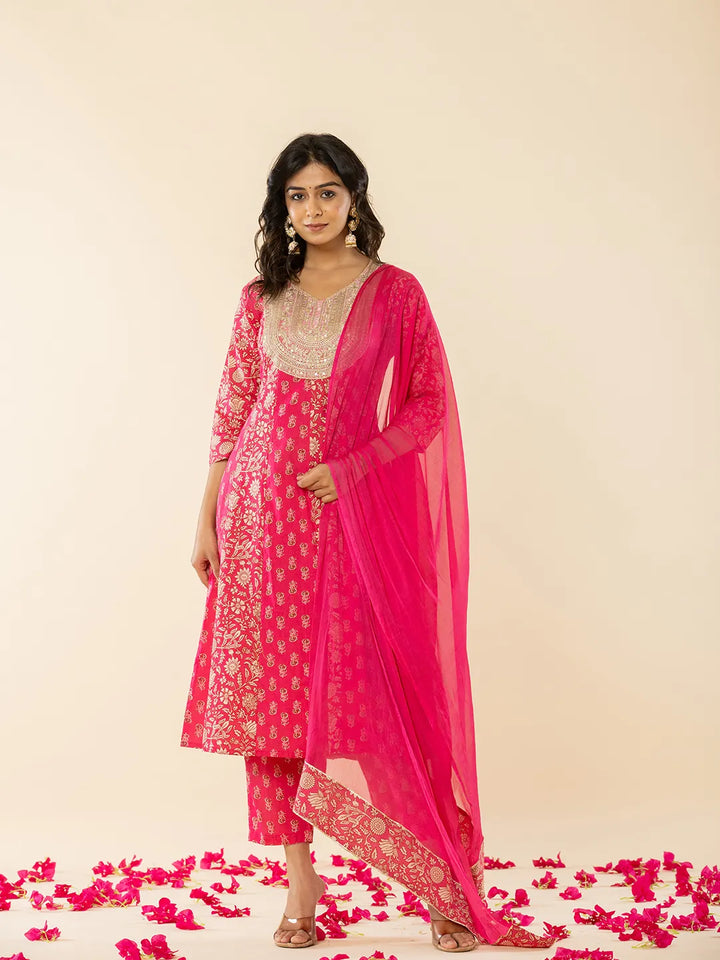 Pink Cotton Embroidered Anarkali Kurta Dupatta Set-Yufta Store-7209SKDPKS