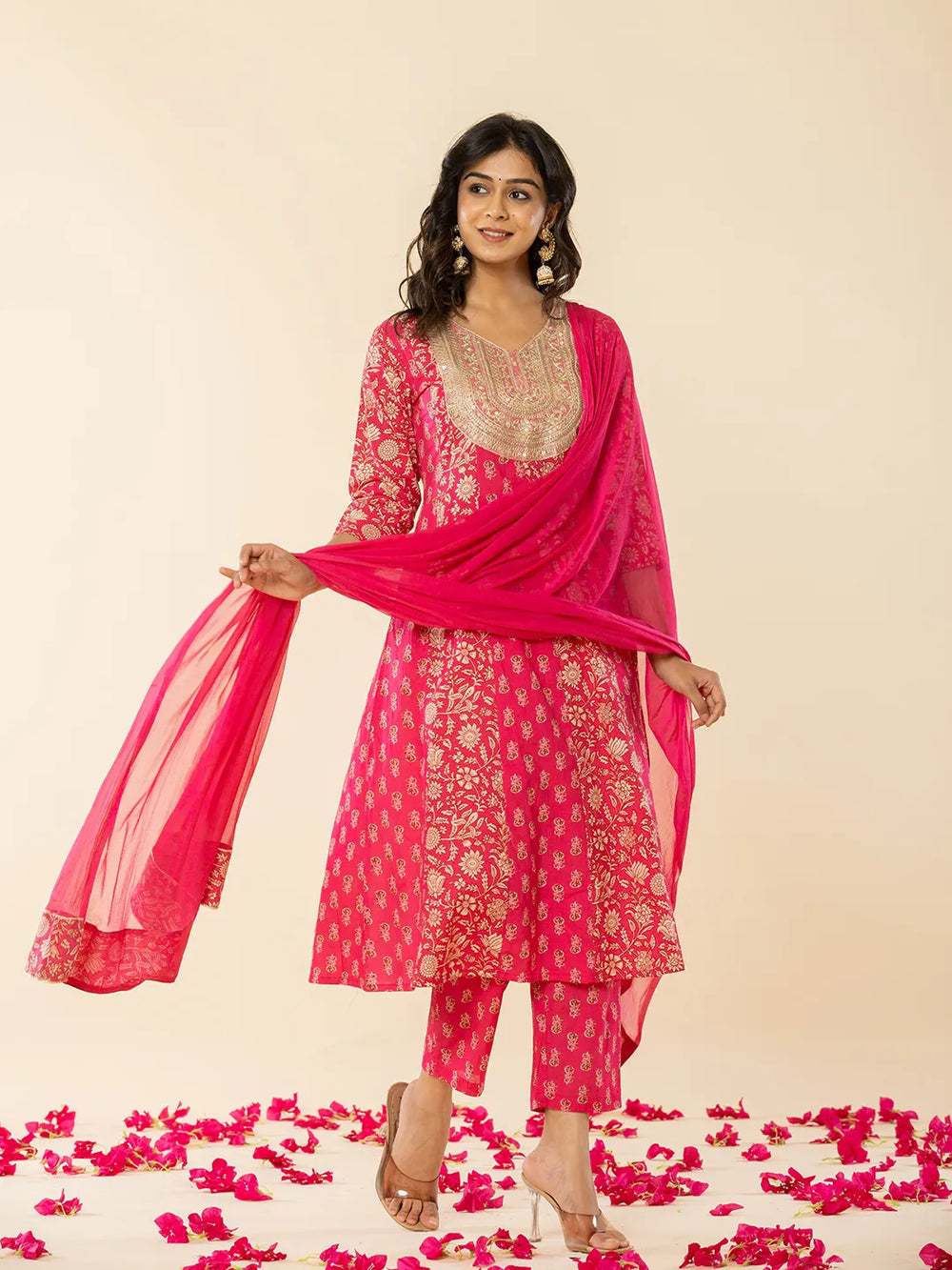 Pink Cotton Embroidered Anarkali Kurta Dupatta Set-Yufta Store-7209SKDPKS