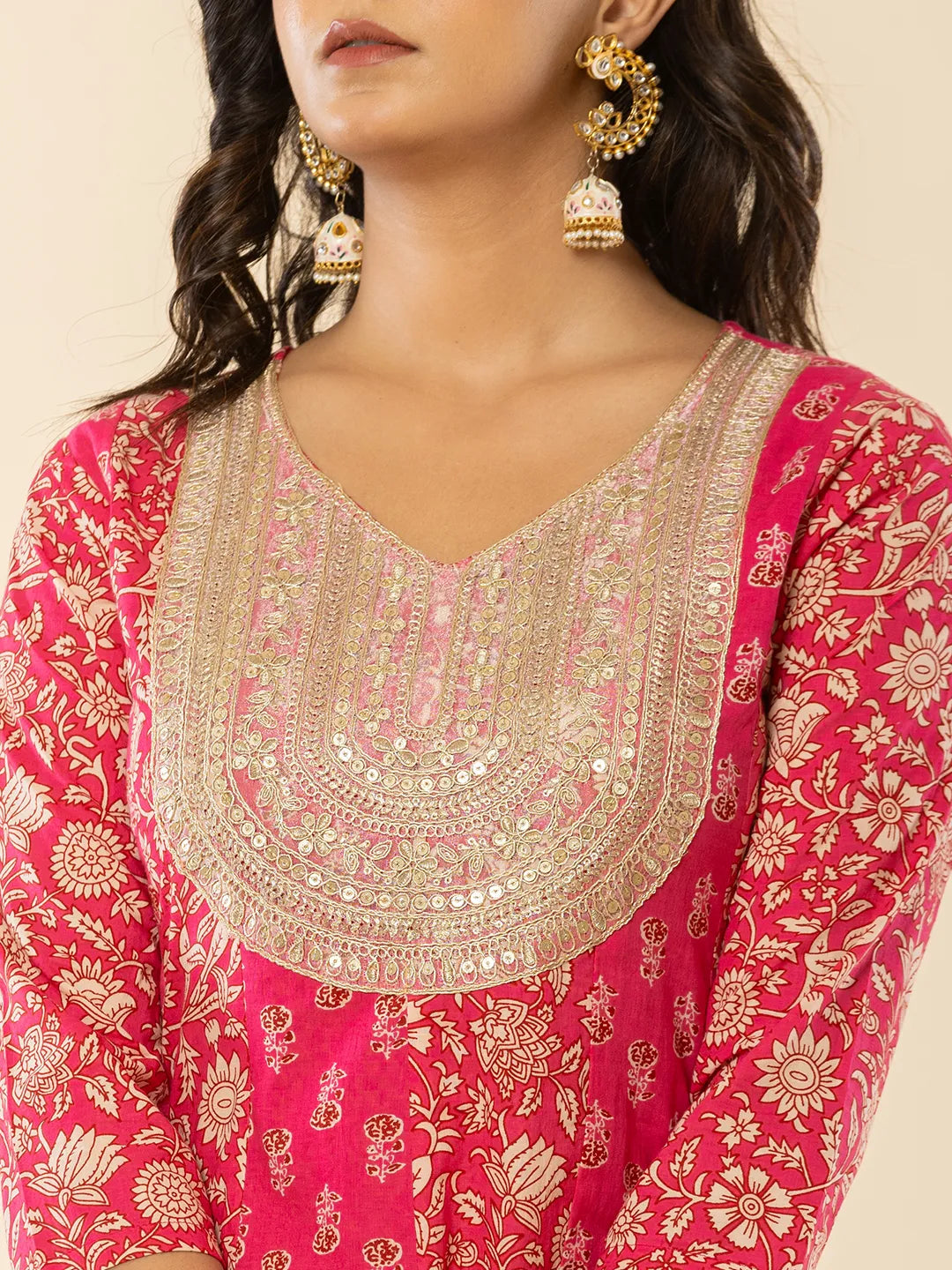 Pink Cotton Embroidered Anarkali Kurta Dupatta Set-Yufta Store-7209SKDPKS