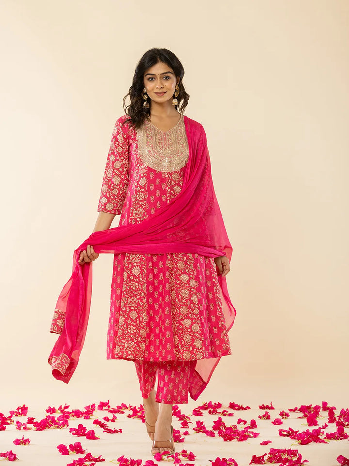 Pink Cotton Embroidered Anarkali Kurta Dupatta Set-Yufta Store-7209SKDPKS