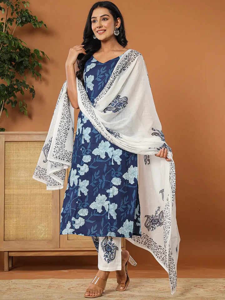 Cotton Strappy Block Print Kurta Dupatta Set-Yufta Store-7210SKDNBS