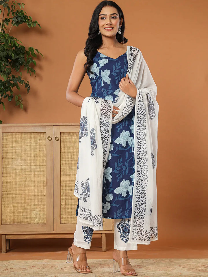 Cotton Strappy Block Print Kurta Dupatta Set-Yufta Store-7210SKDNBS