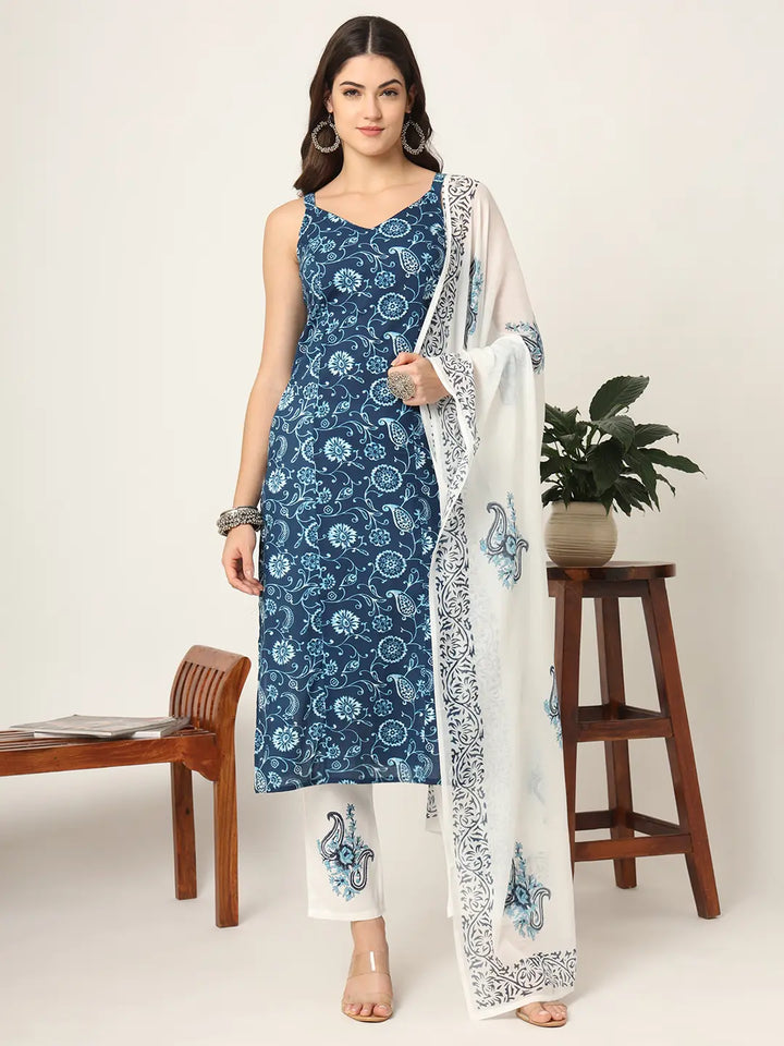 Blue Cotton Strappy Block Print Kurta Dupatta Set