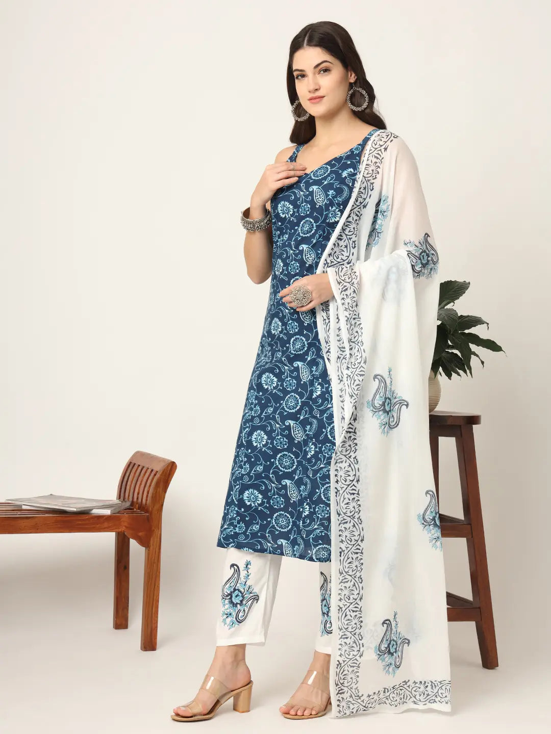 Blue Cotton Strappy Block Print Kurta Dupatta Set