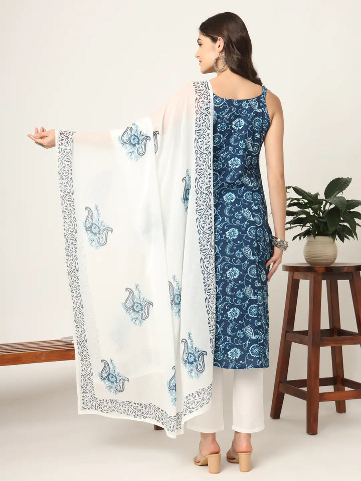 Blue Cotton Strappy Block Print Kurta Dupatta Set