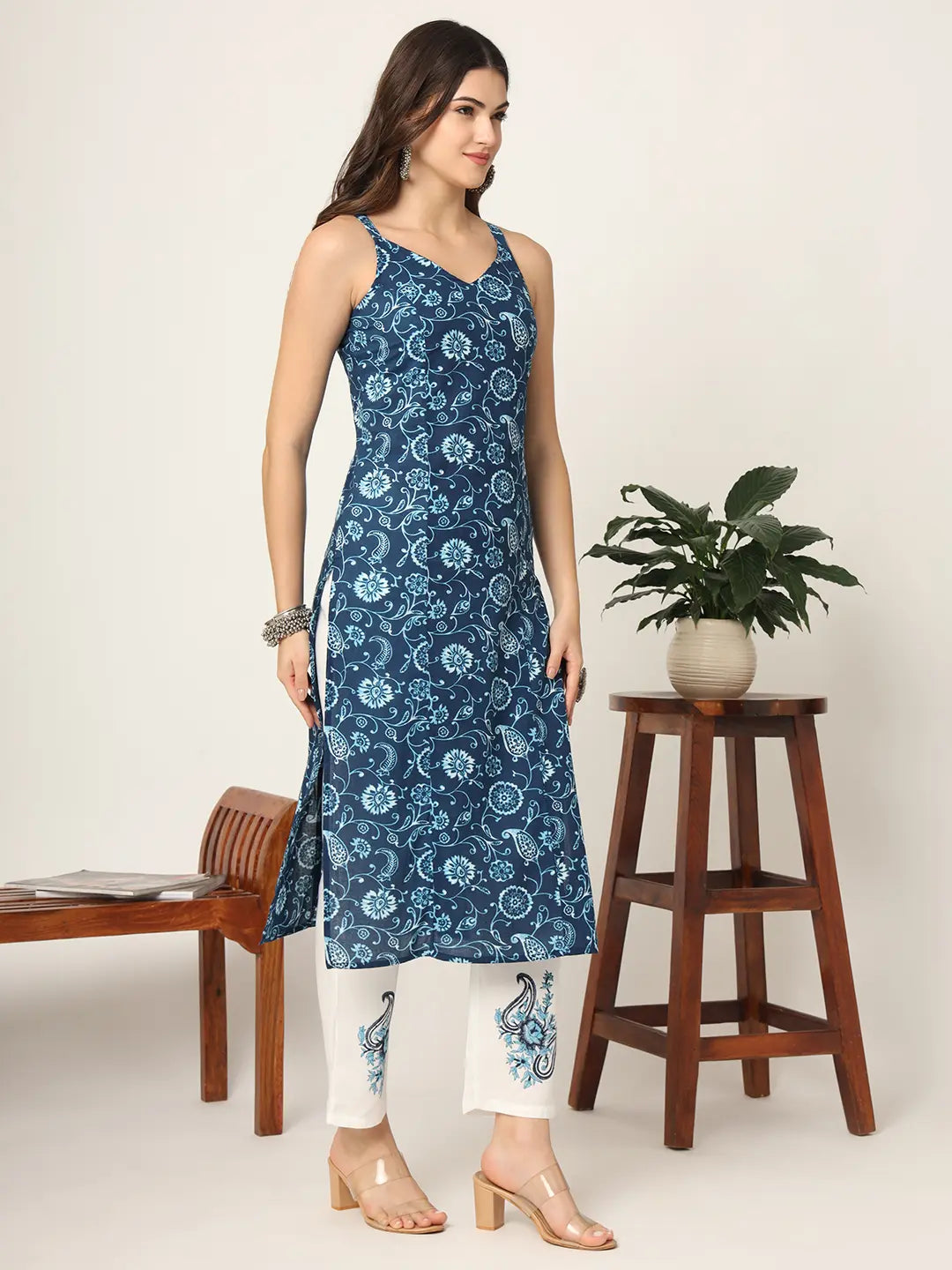 Blue Cotton Strappy Block Print Kurta Dupatta Set