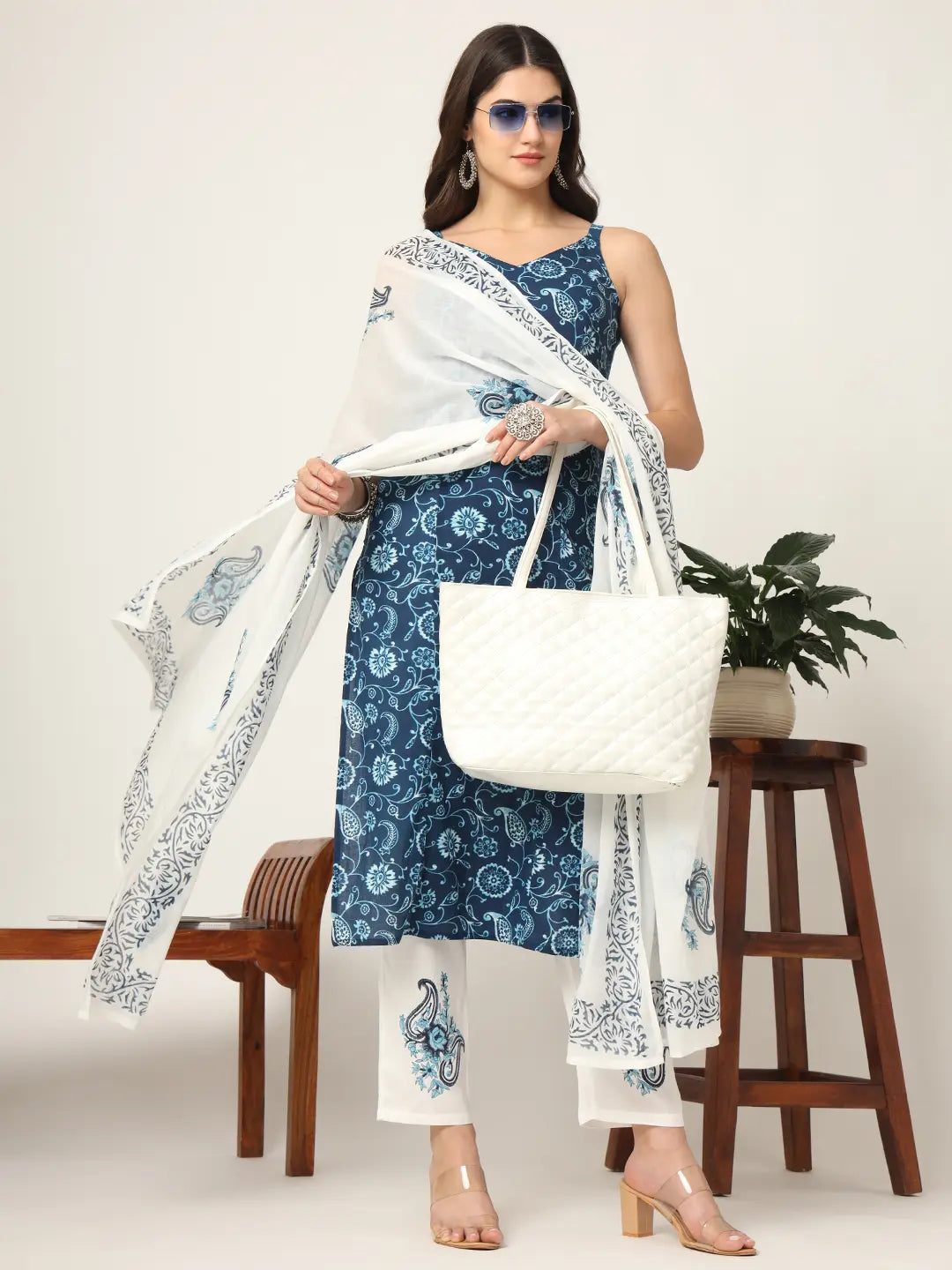 Blue Cotton Strappy Block Print Kurta Dupatta Set