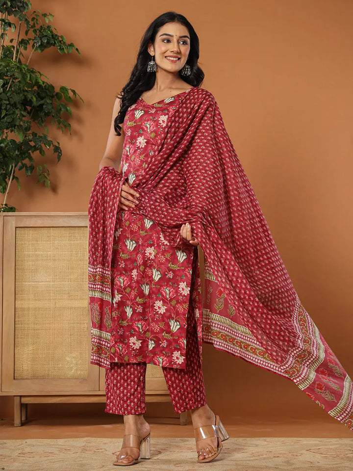 Burgundy Cotton Sleeveless Kurta Dupatta Set-Yufta Store-7213SKDBUGS