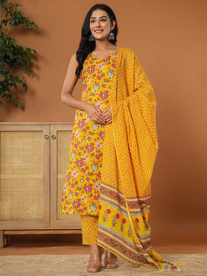 Mustard Cotton Sleeveless Kurta Dupatta Set-Yufta Store-7213SKDMSS