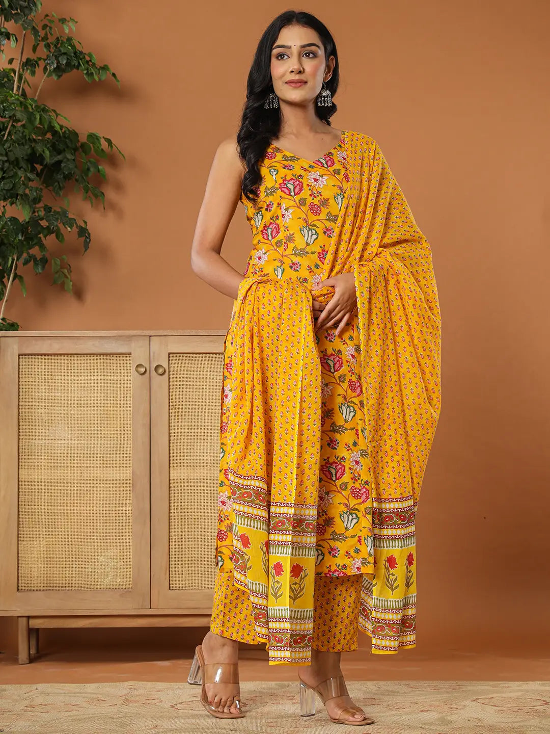 Mustard Cotton Sleeveless Kurta Dupatta Set-Yufta Store-7213SKDMSS