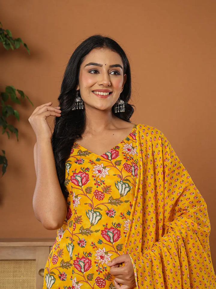 Mustard Cotton Sleeveless Kurta Dupatta Set-Yufta Store-7213SKDMSS