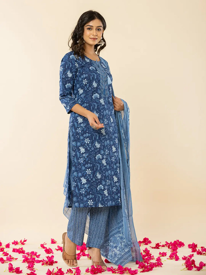 Blue Cotton Sequins_Work Straight Kurta Dupatta Set