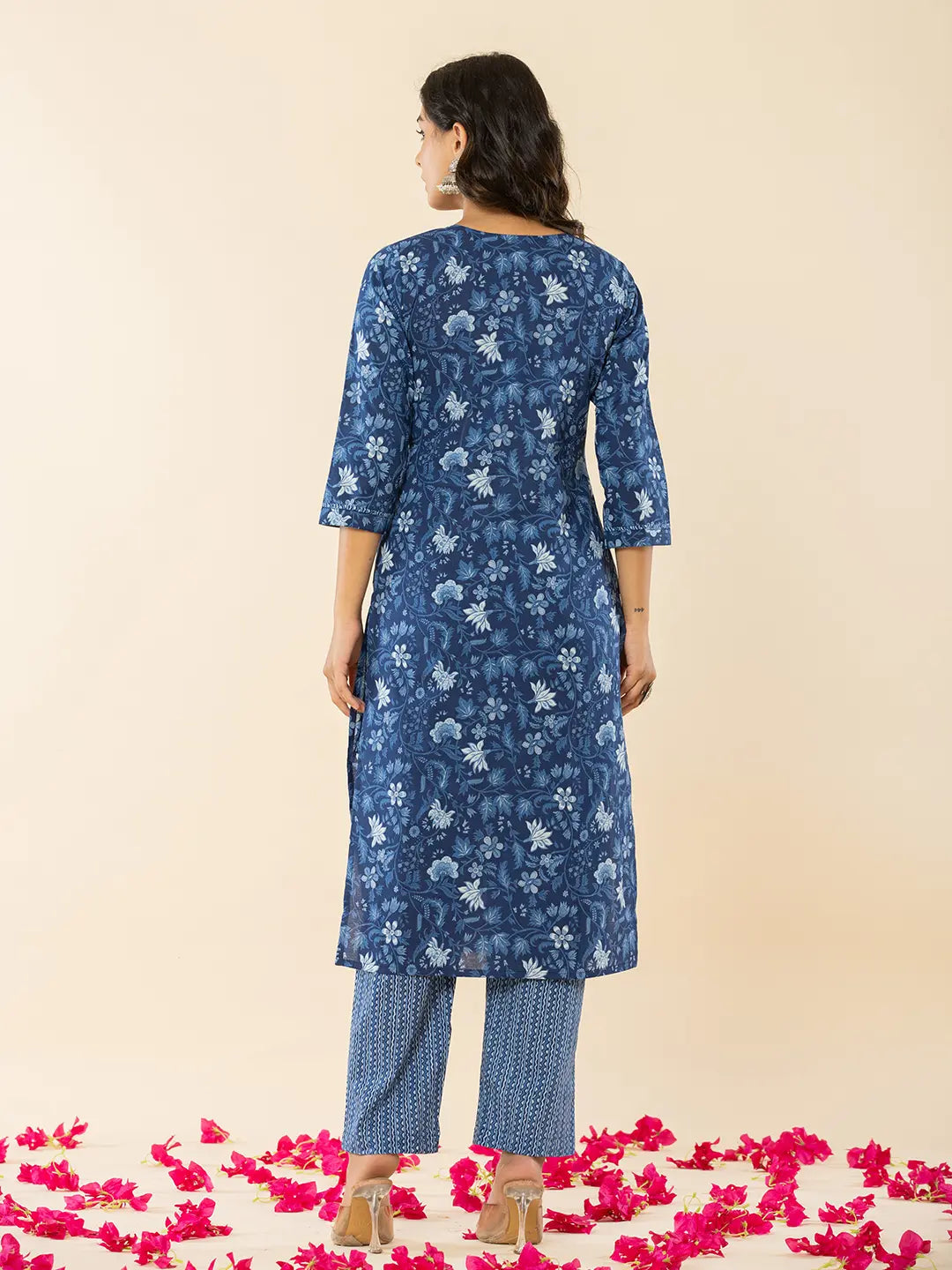 Blue Cotton Sequins_Work Straight Kurta Dupatta Set