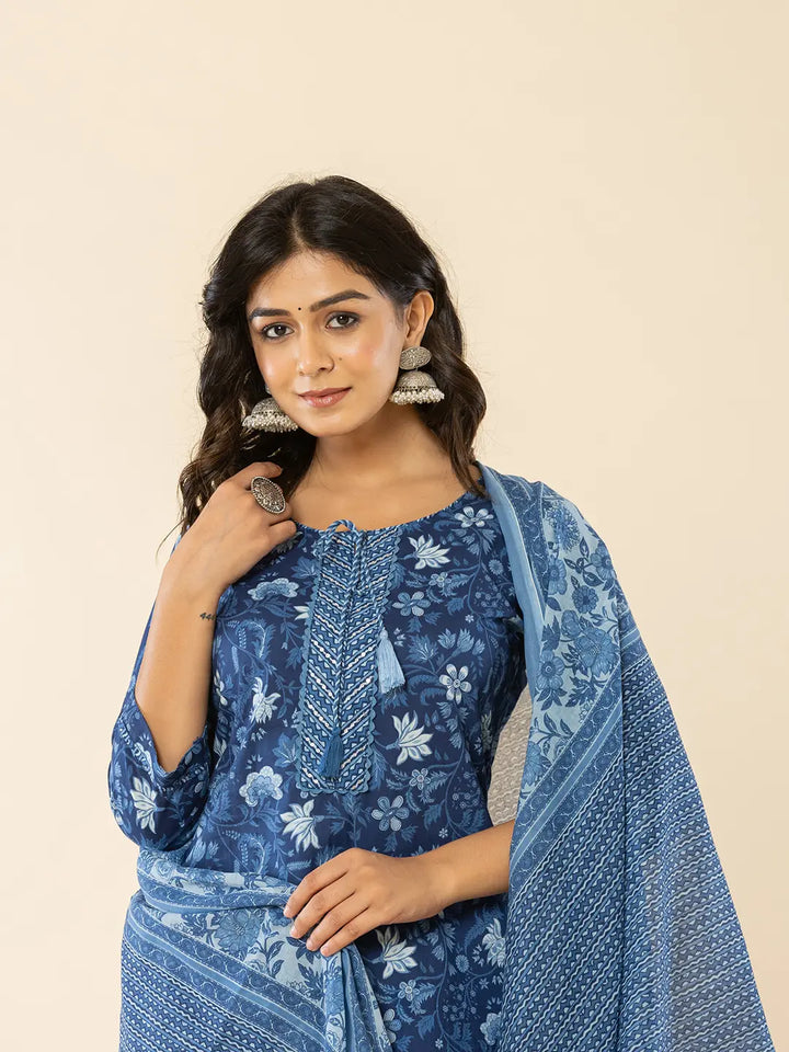 Blue Cotton Sequins_Work Straight Kurta Dupatta Set