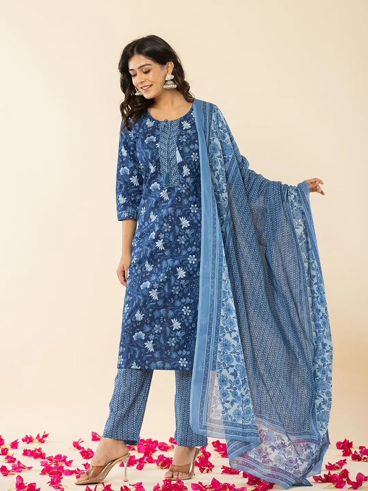 Blue Cotton Sequins_Work Straight Kurta Dupatta Set