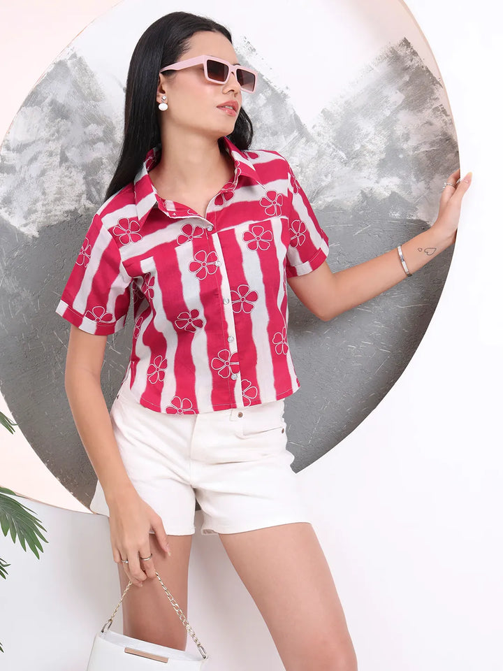 Pink Striped And Floral Print Shirt Style Top