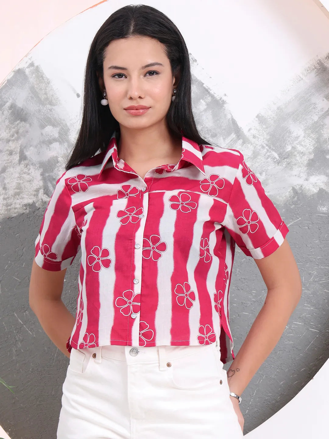 Pink Striped And Floral Print Shirt Style Top