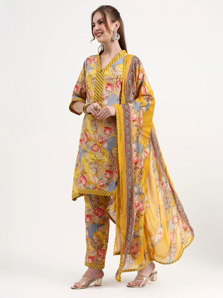 Yellow Lensing Flare Kurta Dupatta Set