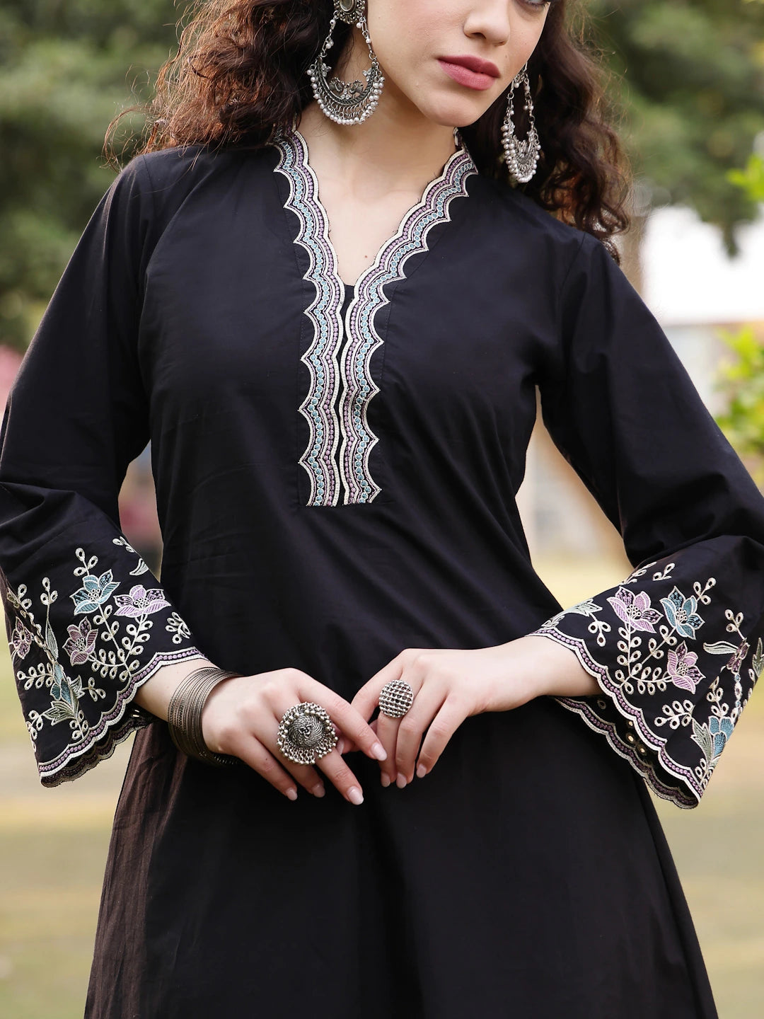 Black Pure Cotton A-Line Kurta Pants Dupatta Set