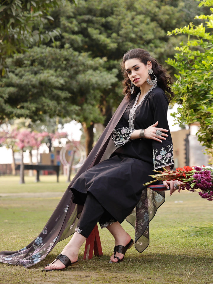 Black Pure Cotton A-Line Kurta Pants Dupatta Set
