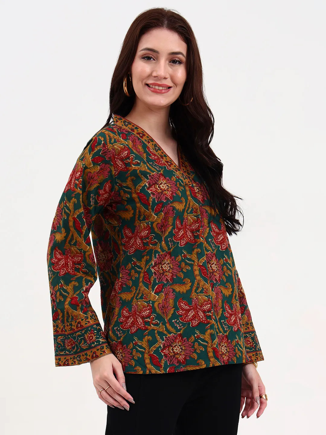 Green And Brown Cotton Straight Top