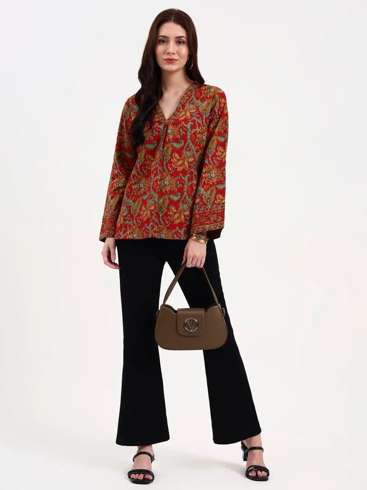 Red And Green Cotton Straight Top