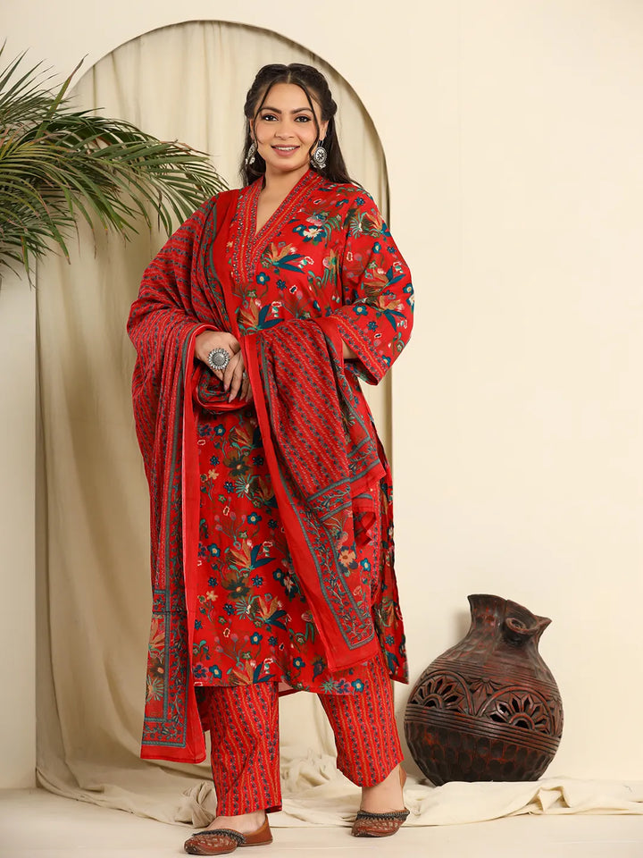 Red Pure Cotton Sequins_Work Kurta Dupatta Pant Set With Handwork