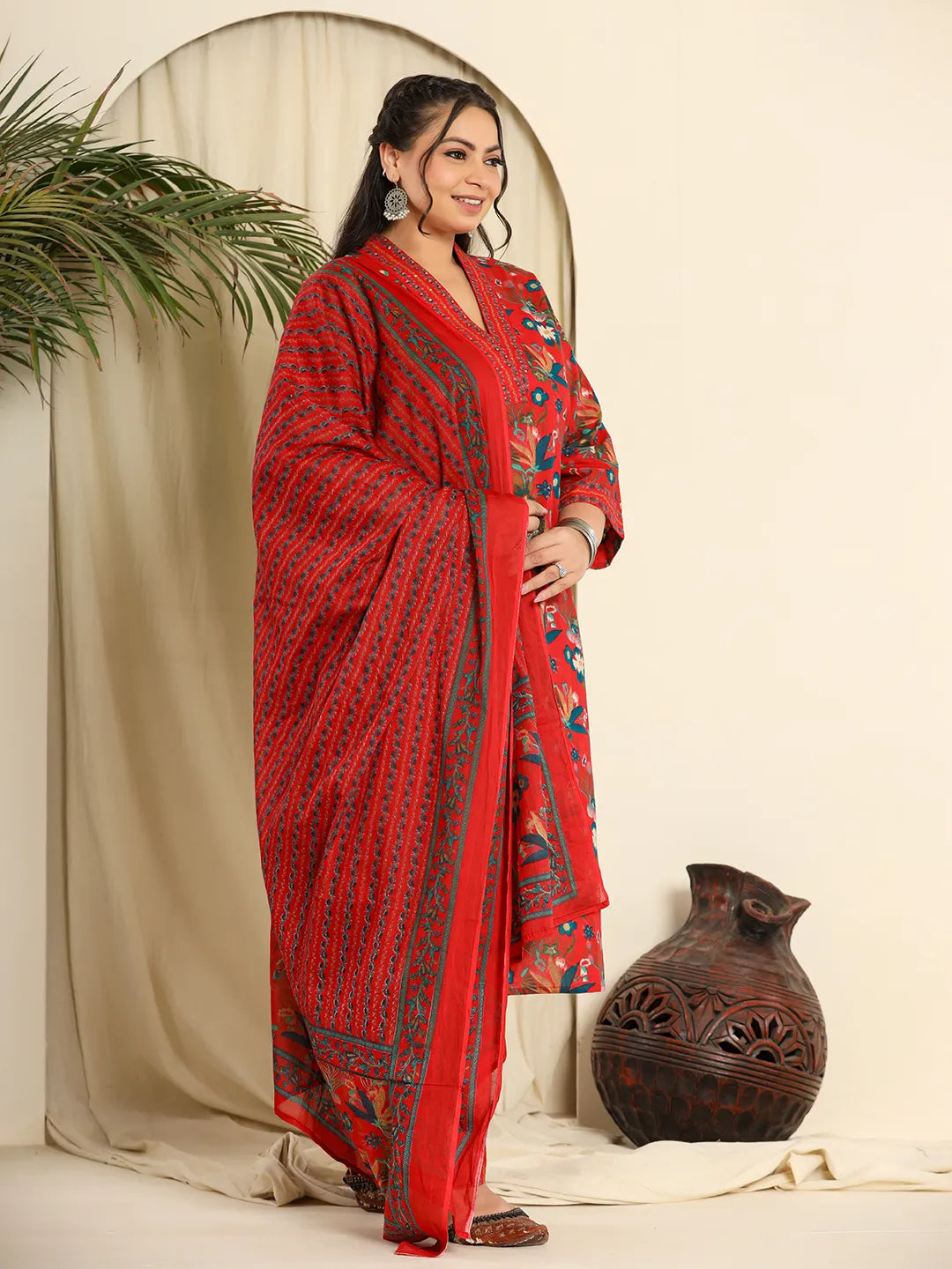 Red Pure Cotton Sequins_Work Kurta Dupatta Pant Set With Handwork