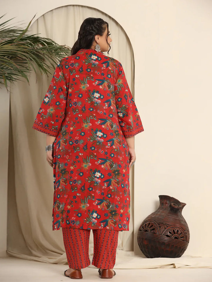 Red Pure Cotton Sequins_Work Kurta Dupatta Pant Set With Handwork