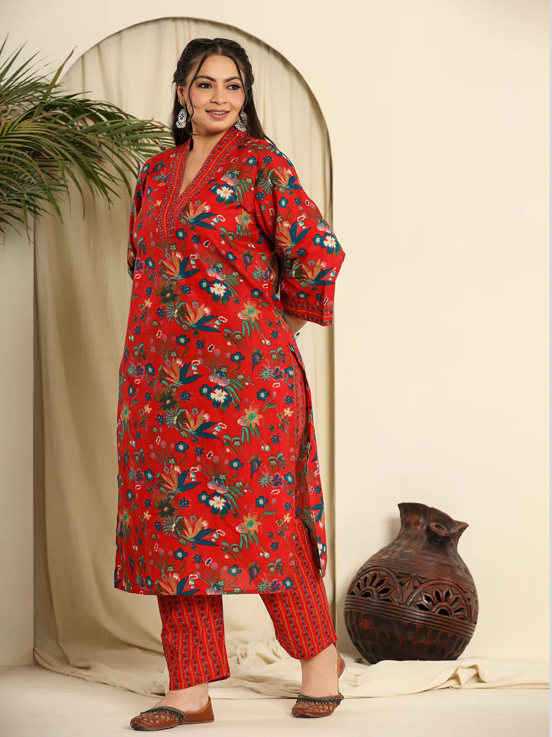 Red Pure Cotton Sequins_Work Kurta Dupatta Pant Set With Handwork