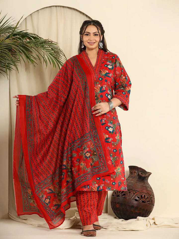 Red Pure Cotton Sequins_Work Kurta Dupatta Pant Set With Handwork