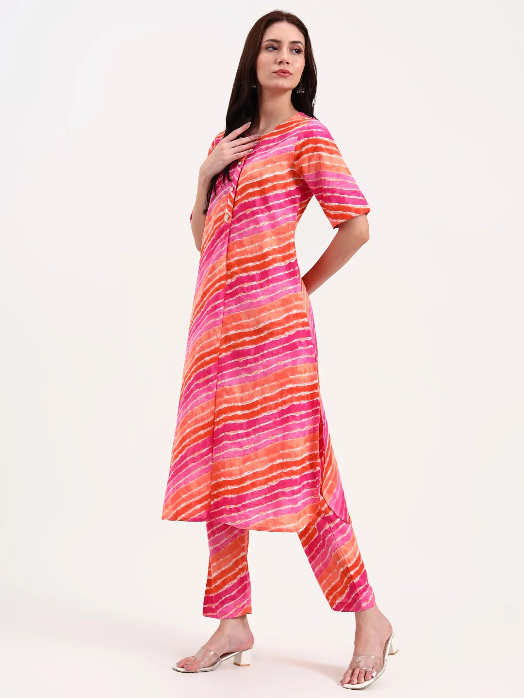 Pink Cotton Leheriya Kurta Pant Set