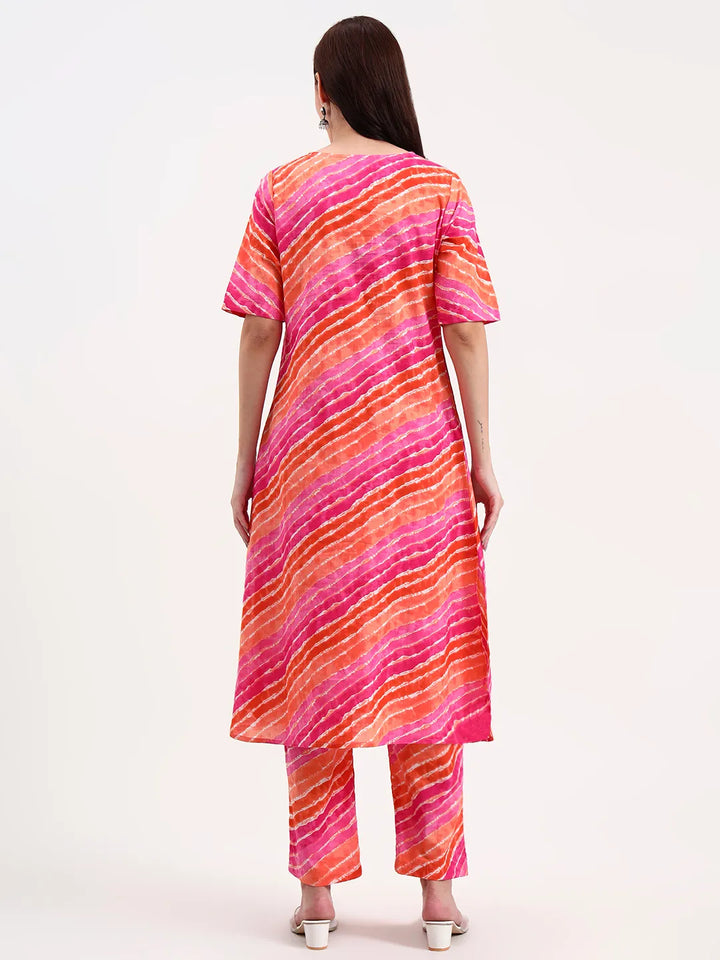 Pink Cotton Leheriya Kurta Pant Set