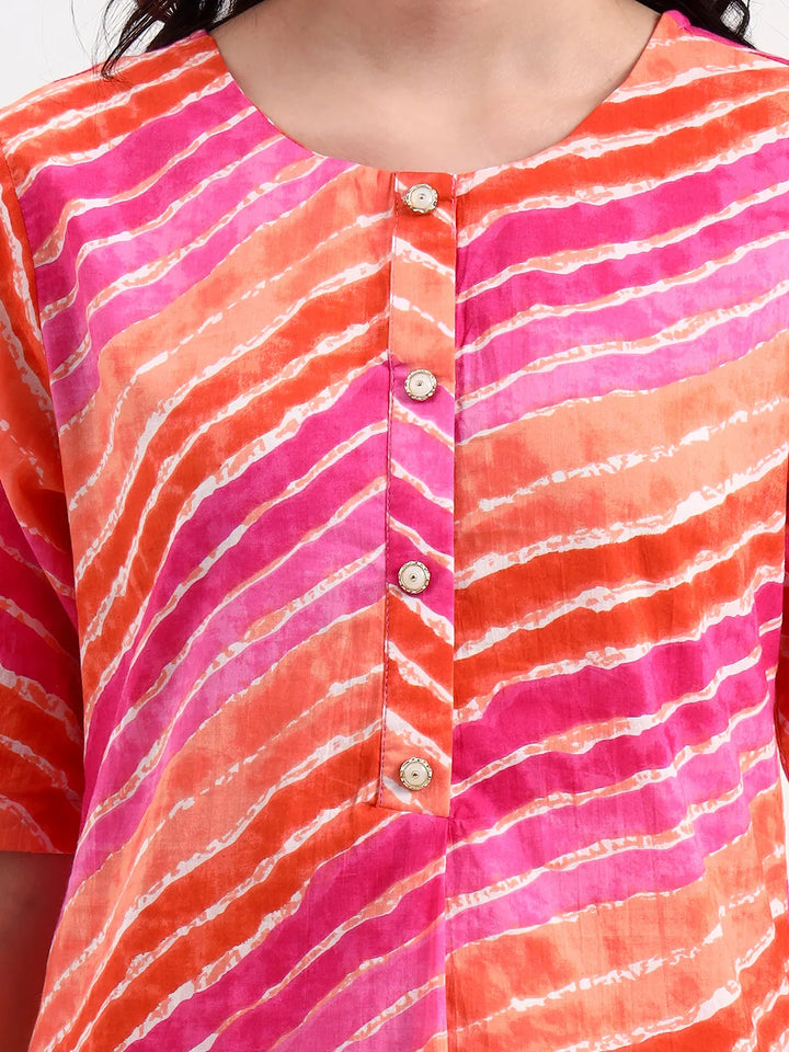 Pink Cotton Leheriya Kurta Pant Set