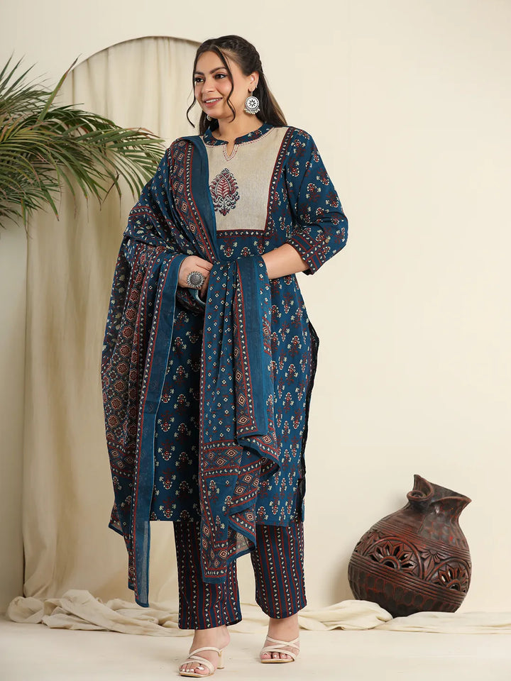 Navy Blue Pure Cotton Kantha Work Kurta Dupatta Pant Set With Handblock Yoke