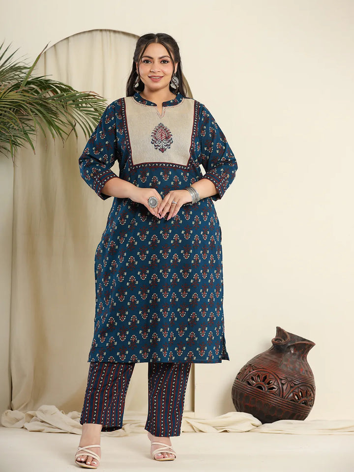 Navy Blue Pure Cotton Kantha Work Kurta Dupatta Pant Set With Handblock Yoke