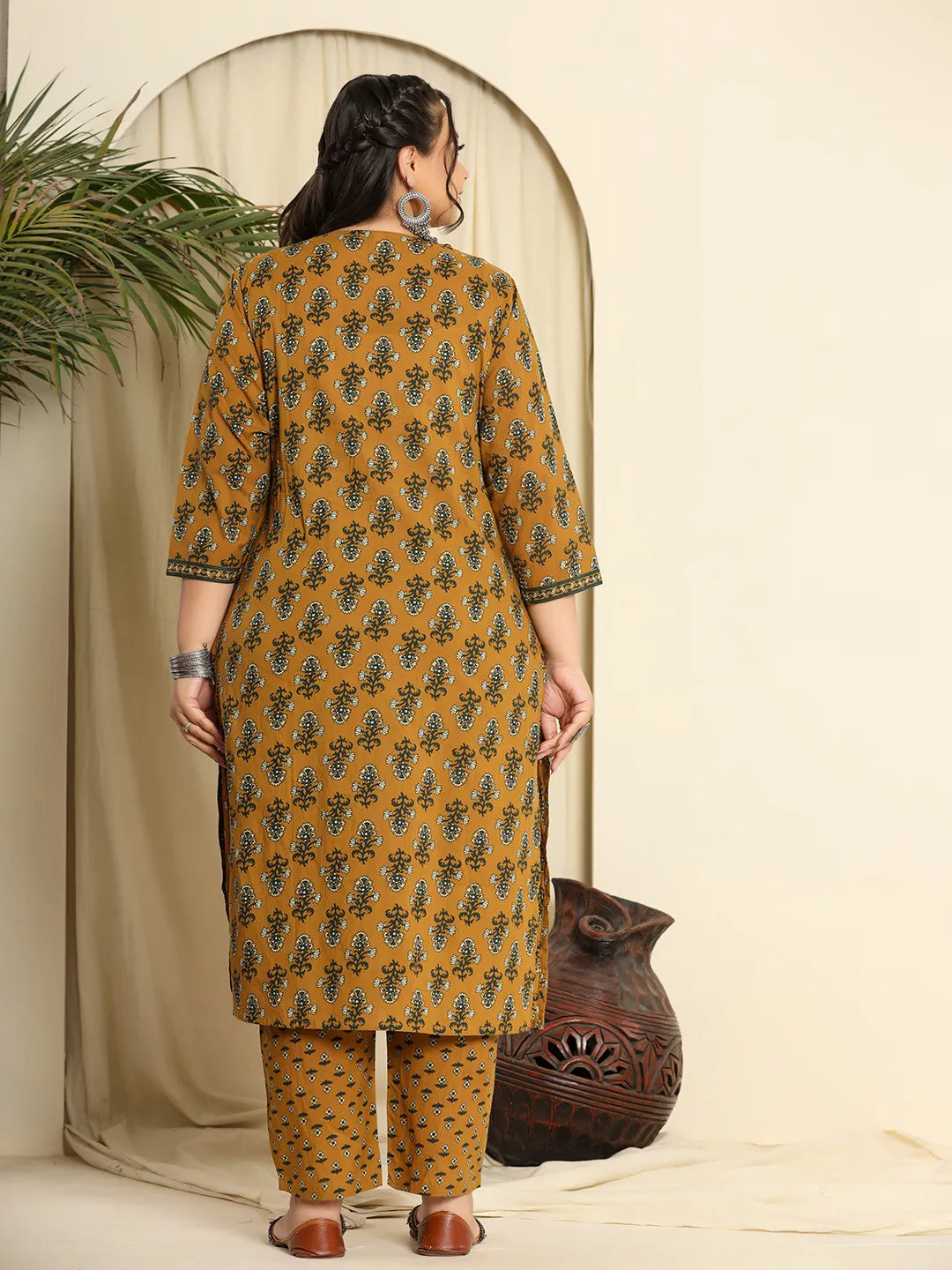 Mustard Pure Cotton Kantha Work Kurta Dupatta Pant Set With Handwork