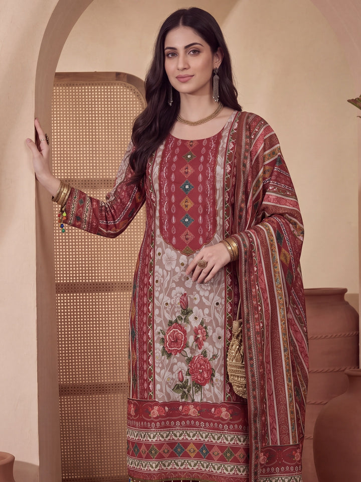Poly Muslim Red Kurta Dupatta Pant Set