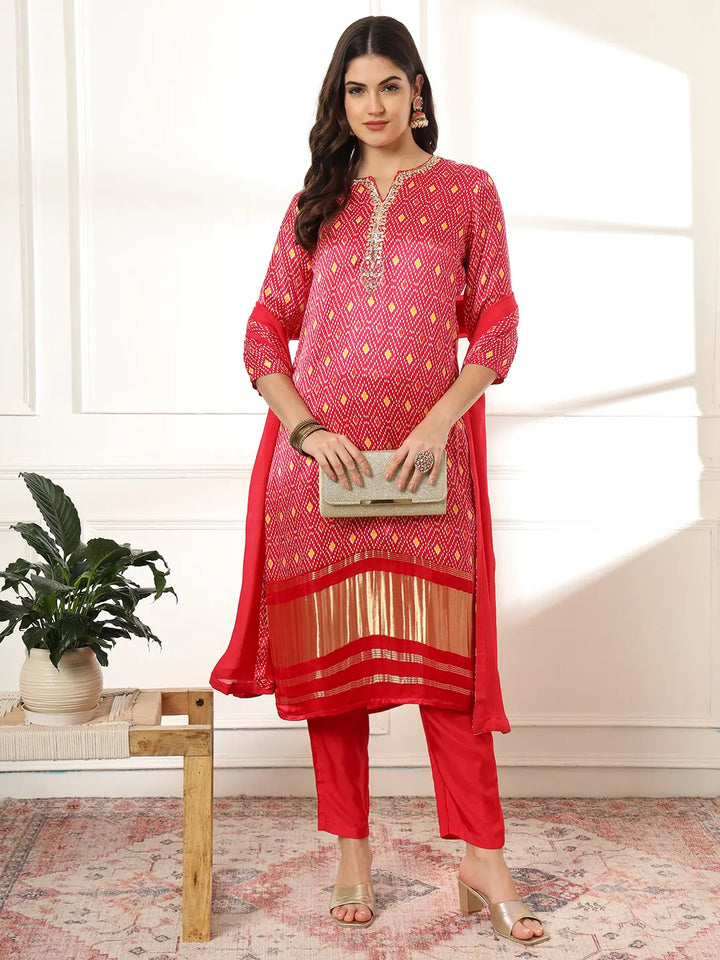 Pink Silk Zari_Work Kurta with Trousers with dupatta Set