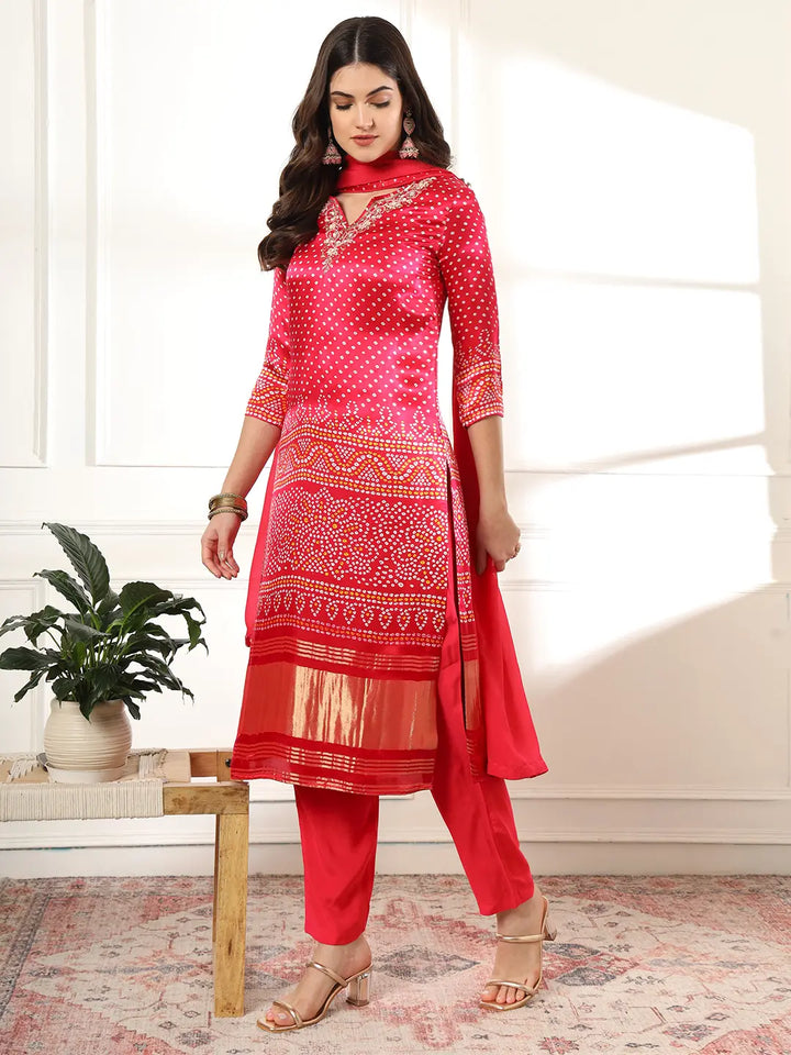 Hot Pink Silk Zari_Work Kurta Dupatta Pant Set