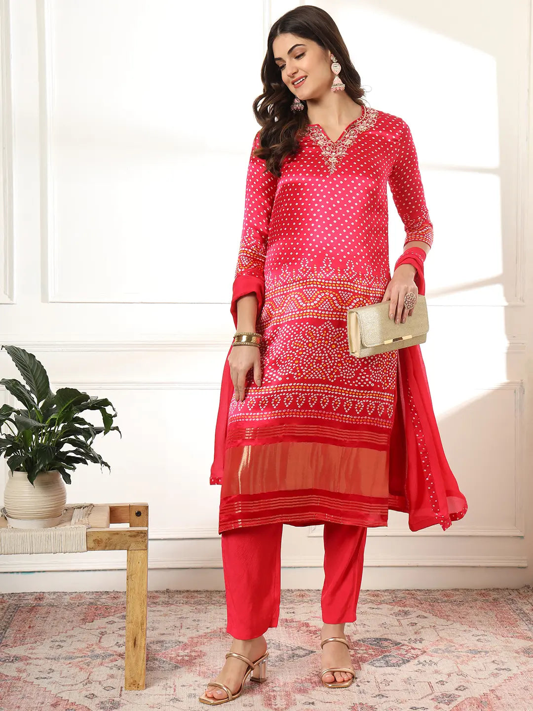 Hot Pink Silk Zari_Work Kurta Dupatta Pant Set