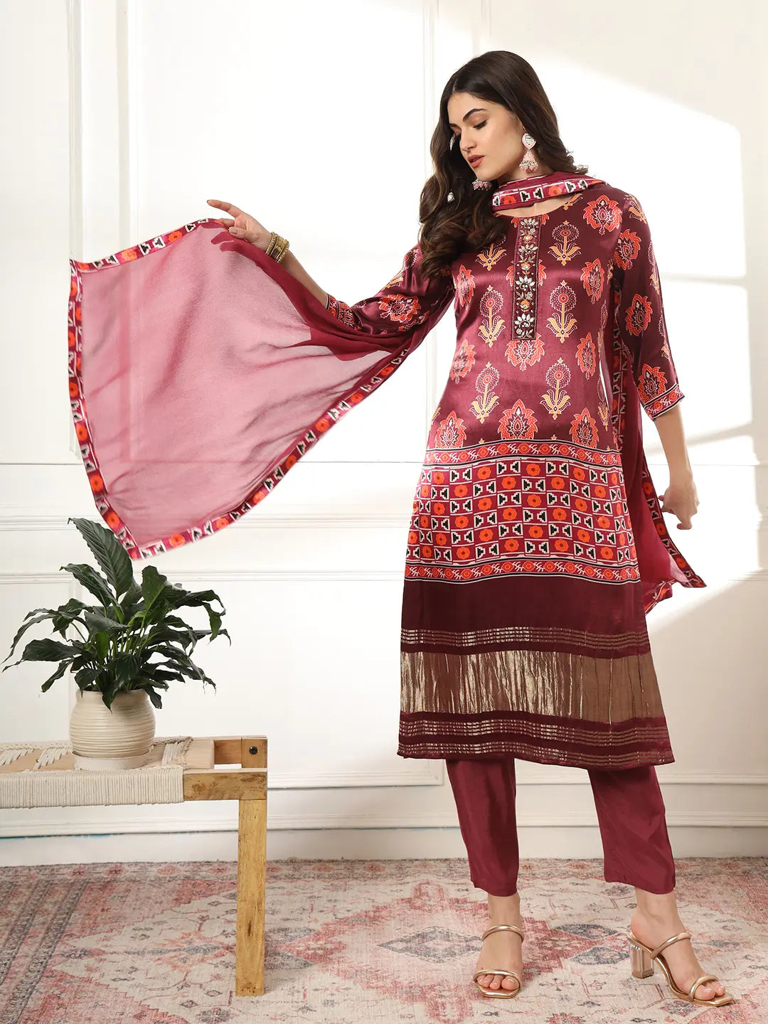 Burgundy Gajji Silk Kurta Dupatta Pant Set