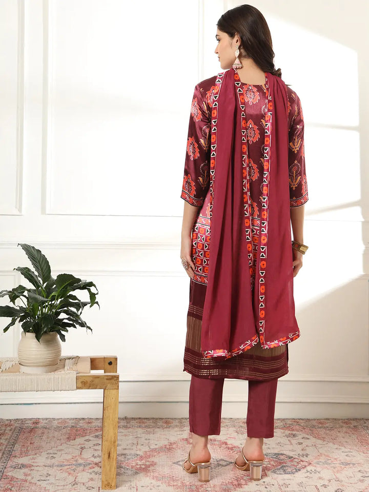 Burgundy Gajji Silk Kurta Dupatta Pant Set