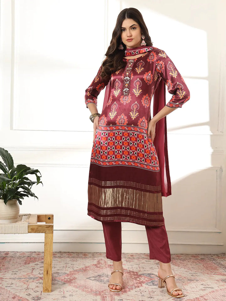 Burgundy Gajji Silk Kurta Dupatta Pant Set