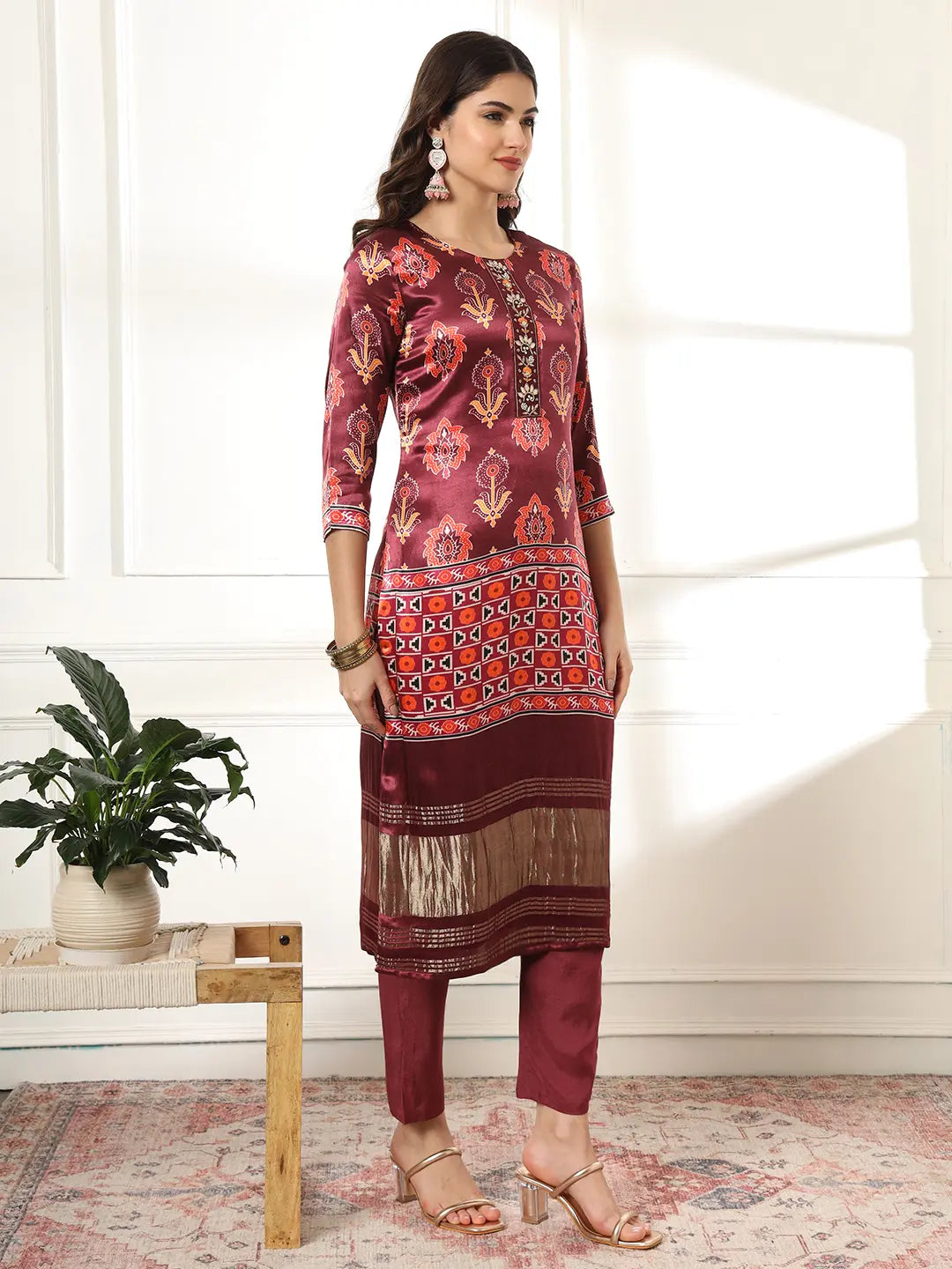 Burgundy Gajji Silk Kurta Dupatta Pant Set