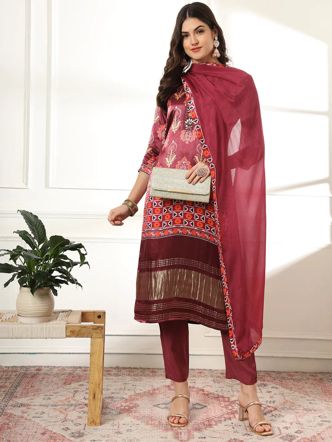 Burgundy Gajji Silk Kurta Dupatta Pant Set