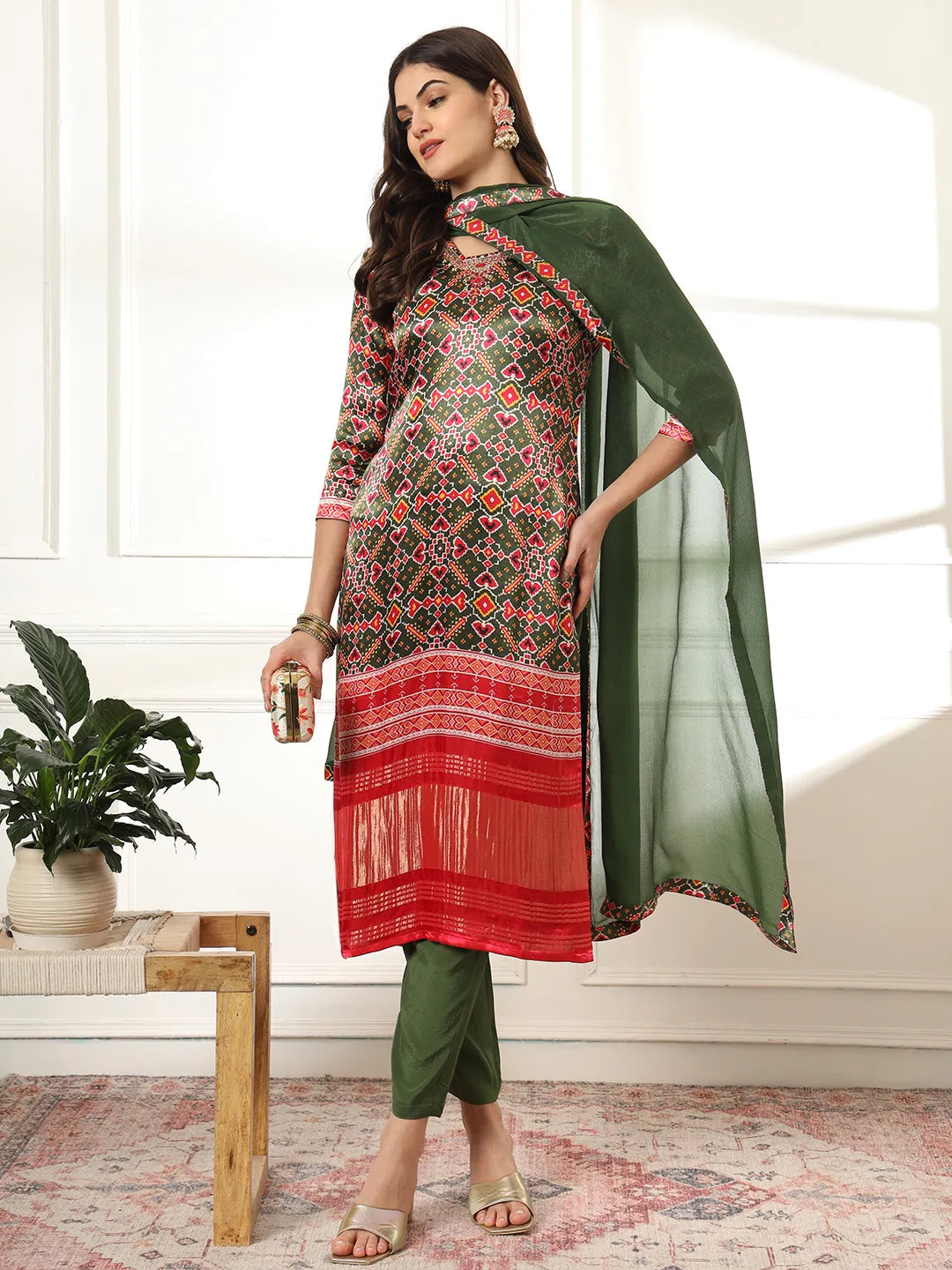 Green Silk Ethnic Motifst Kurta Dupatta Pant Set